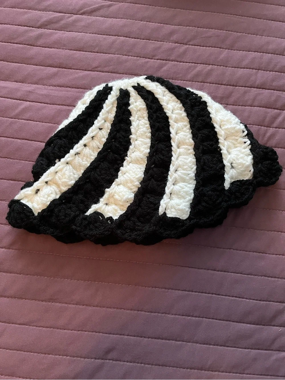 Handmade Black & White Crochet Beanie Adult XL Stretch Knit Hat Boho Cottagecore